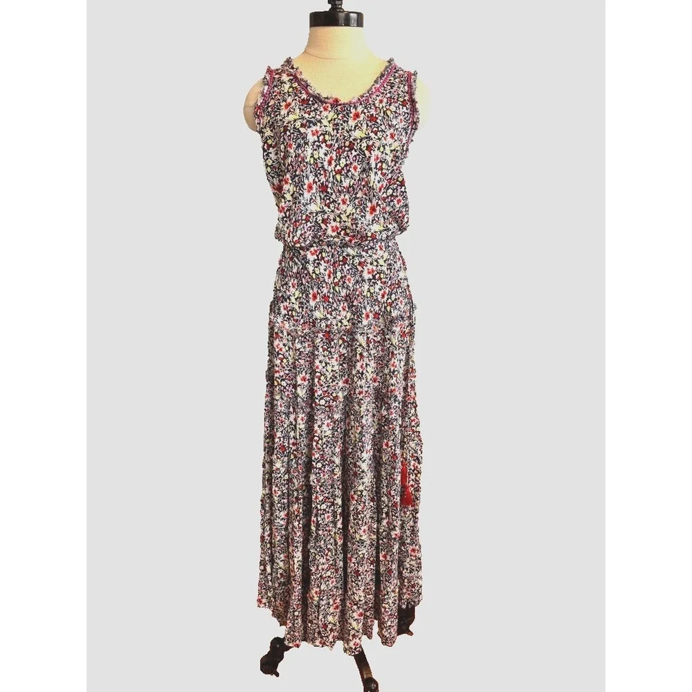 Poupette St. Barth Bety Tassel Tie Georgette Floral Maxi Dress Navy Azalea Small